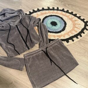 Gray corduroy Hoodie and Skirt Set